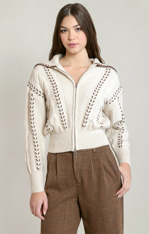 Cotton-Blend Cable-Knit Zip Cardigan