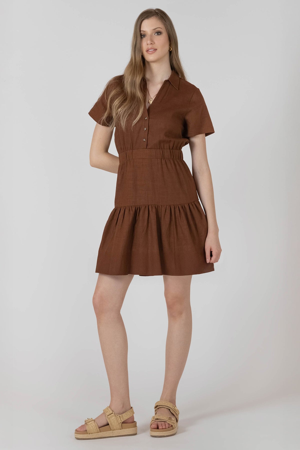 Linen-Blend Collared Mini Dress with Tiered Skirt