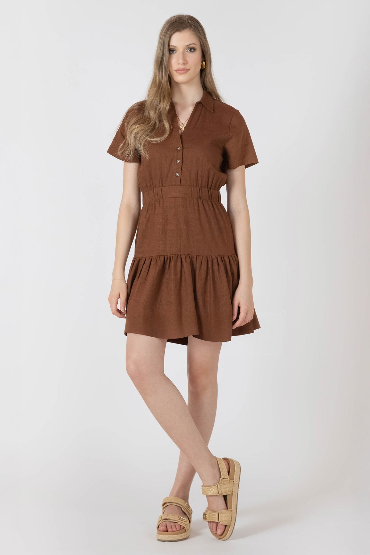 Linen-Blend Collared Mini Dress with Tiered Skirt