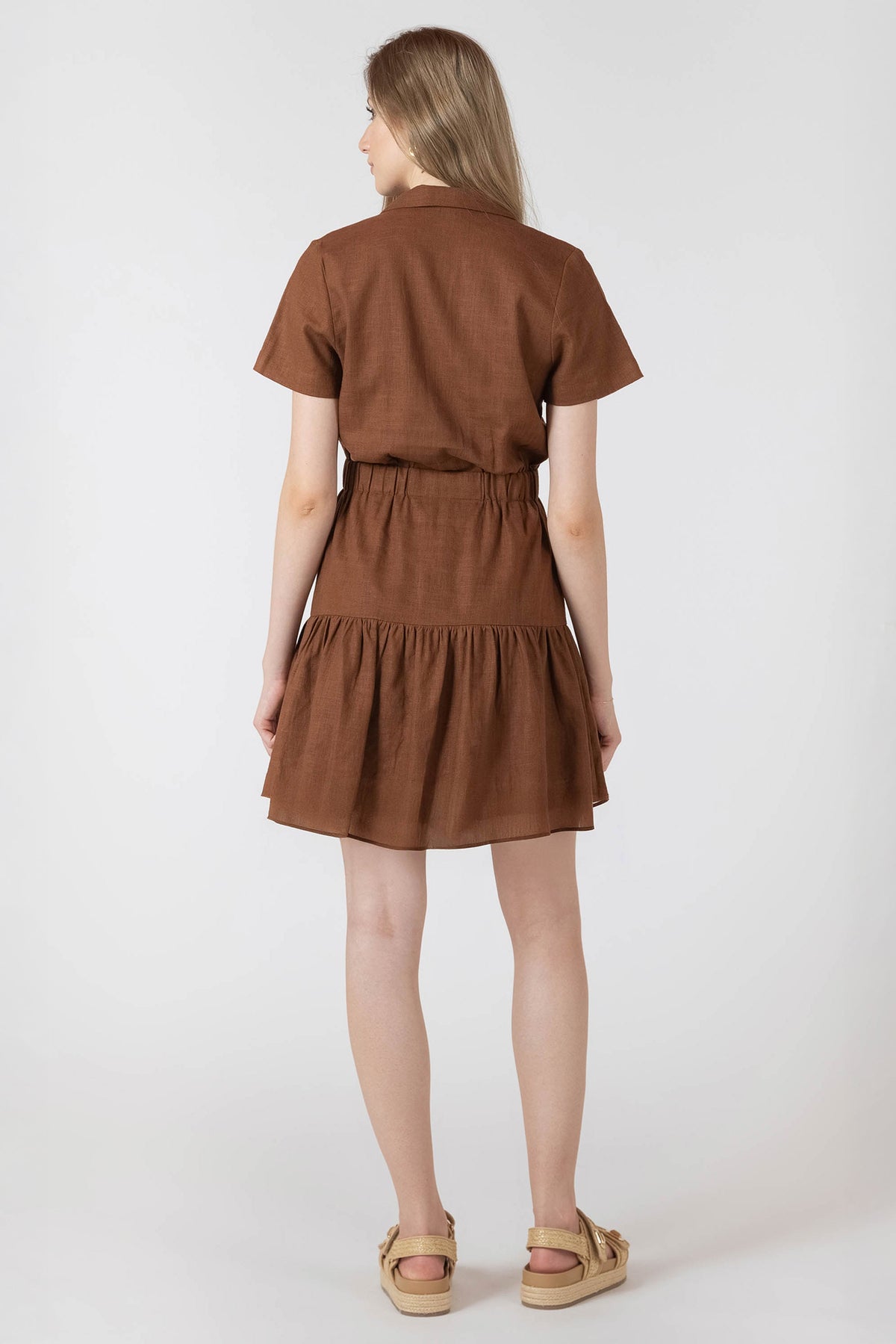 Linen-Blend Collared Mini Dress with Tiered Skirt