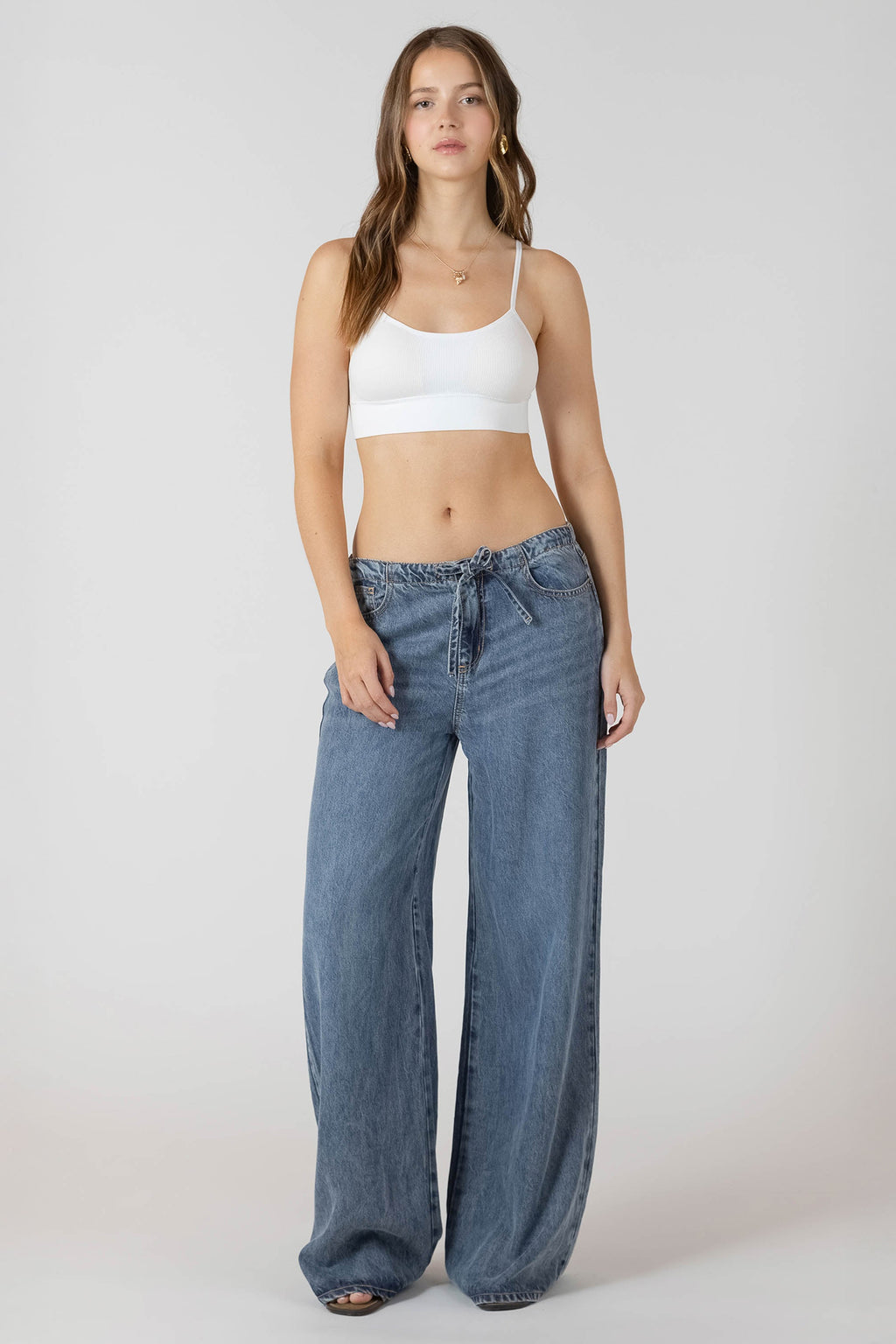 Denim-Look Wide-Leg Drawstring Trousers