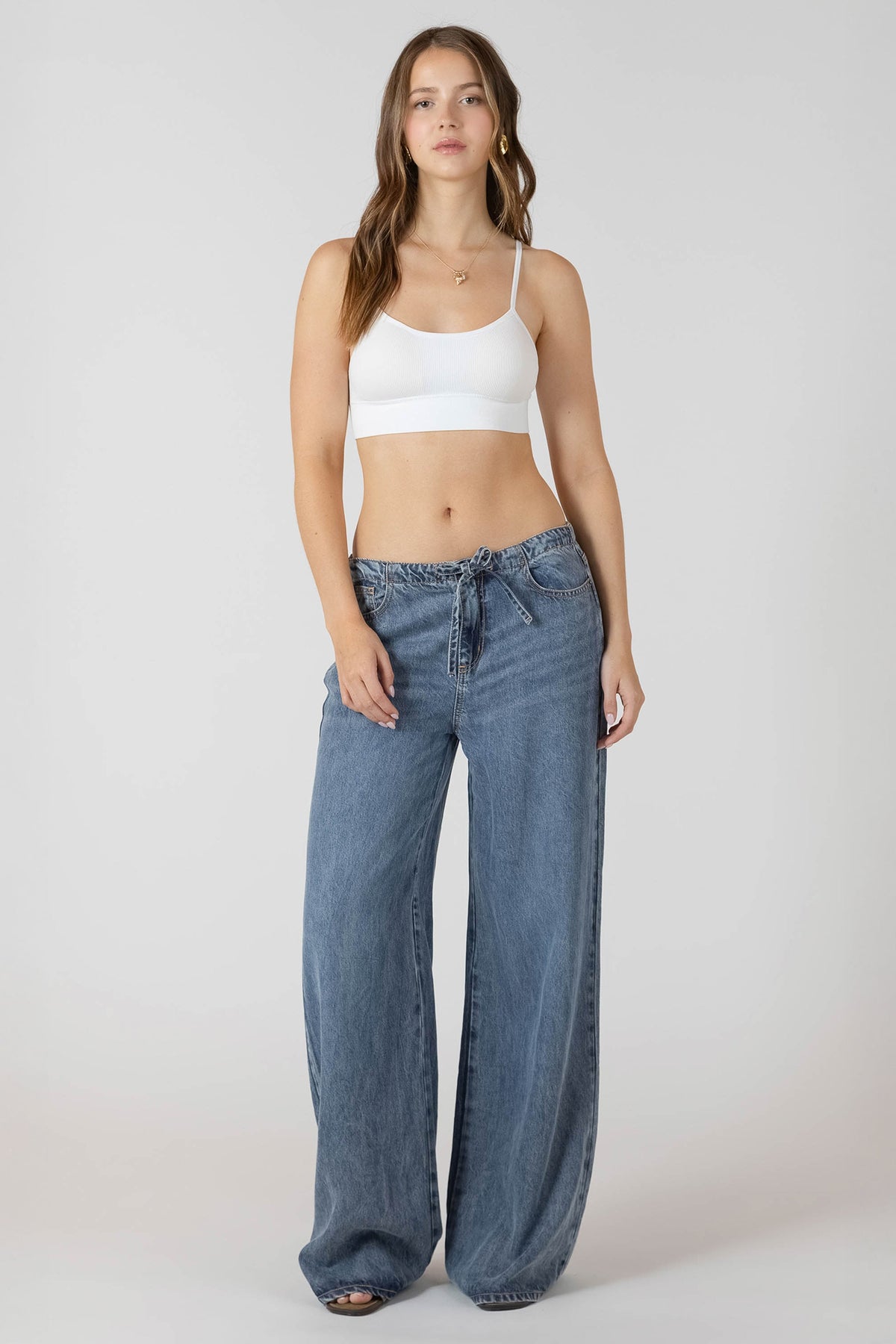 Denim-Look Wide-Leg Drawstring Trousers