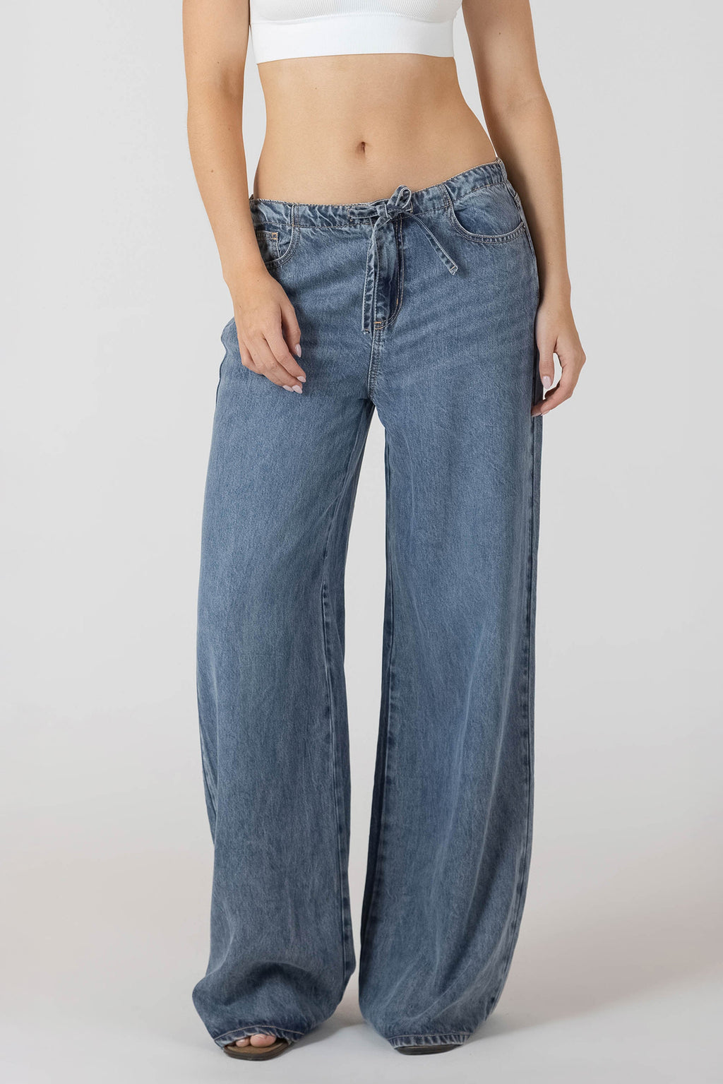 Denim-Look Wide-Leg Drawstring Trousers