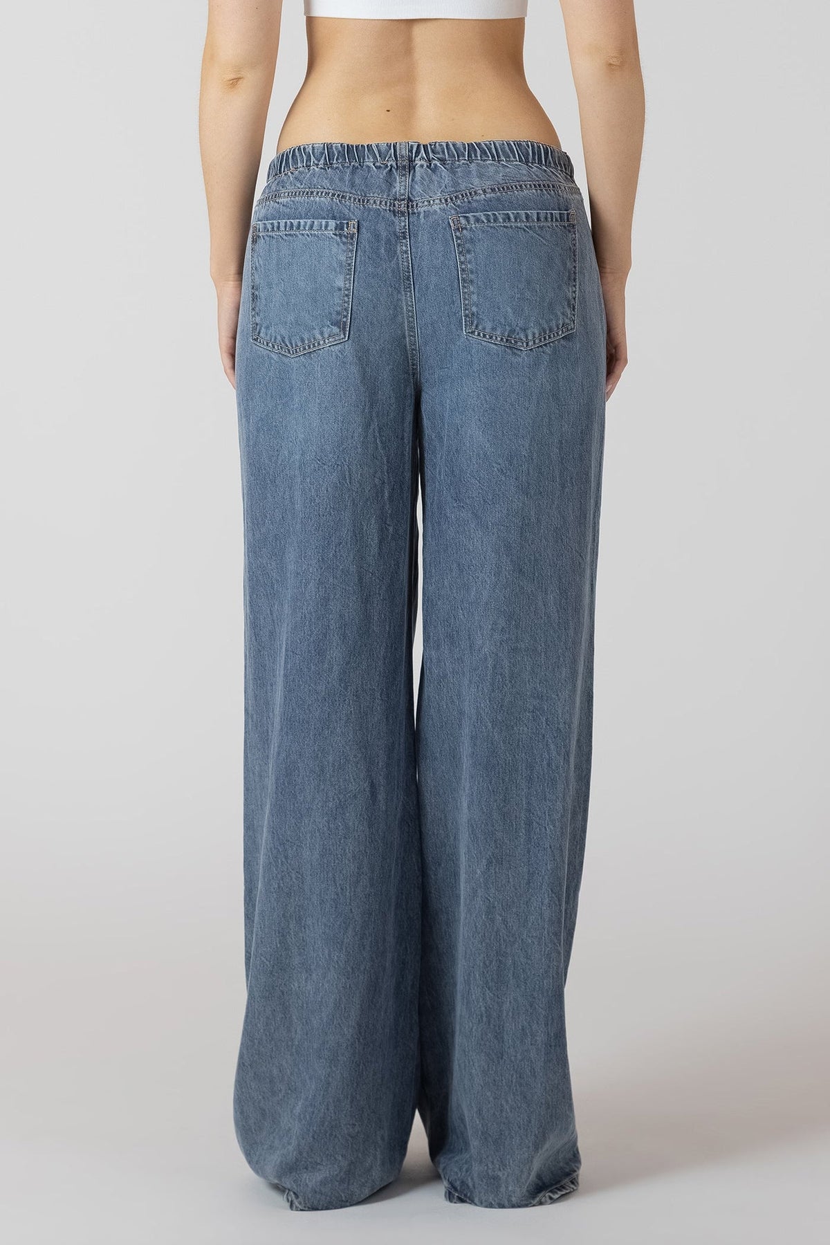 Denim-Look Wide-Leg Drawstring Trousers