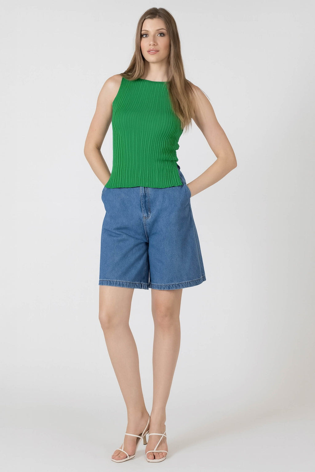 High-Rise Cotton Denim Bermuda Shorts