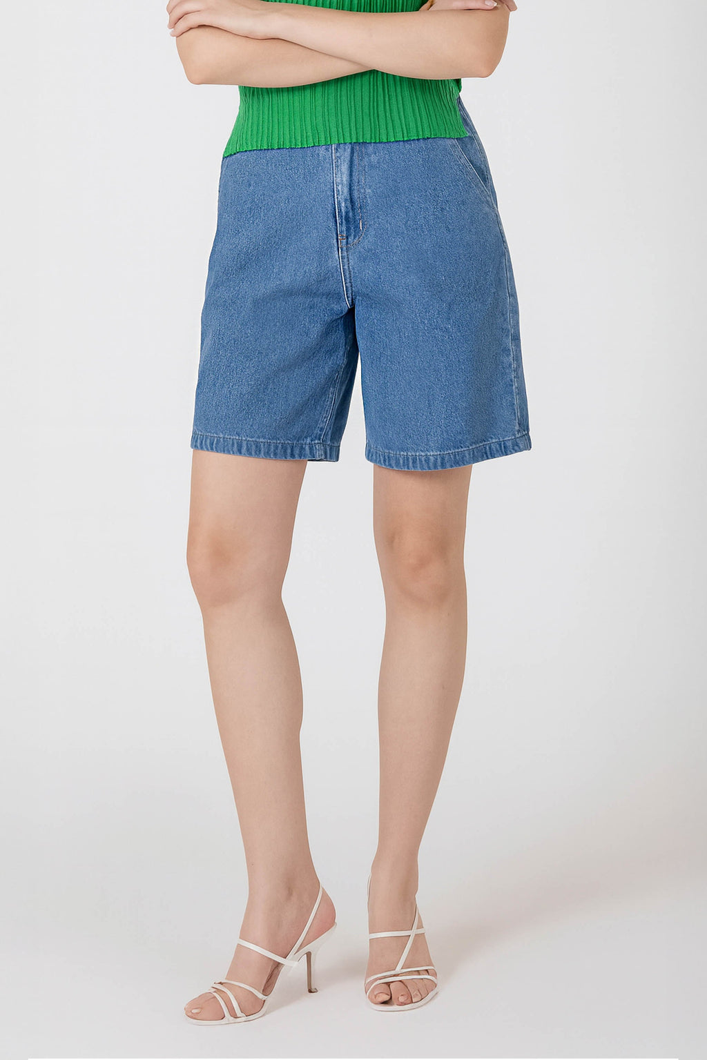 High-Rise Cotton Denim Bermuda Shorts